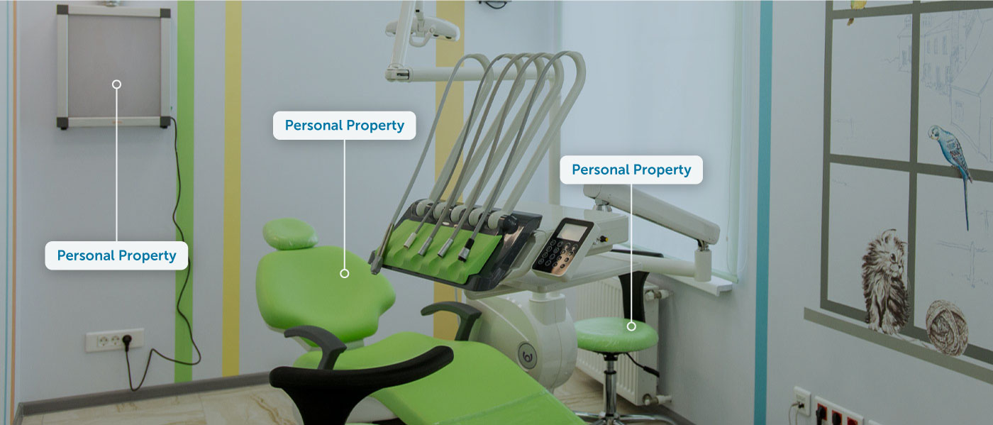 Machinery, equipment, appliances, and supplies are displayed in a Dentist's Room, illustrating Personal Properties.