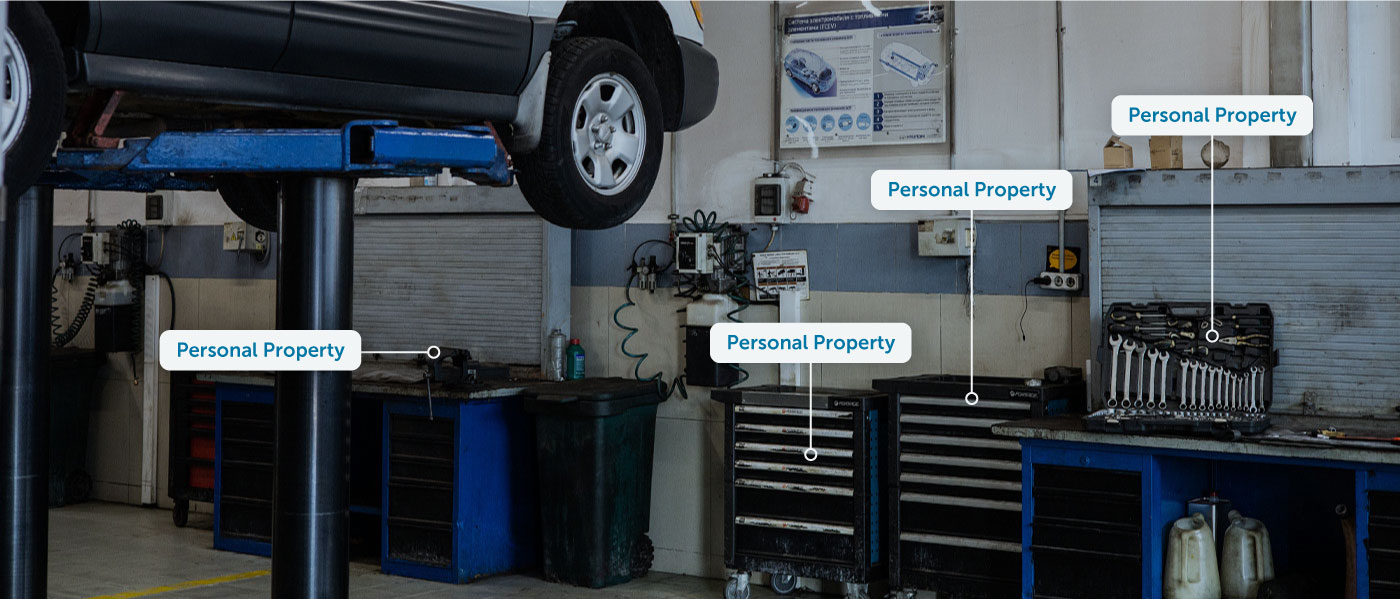 Equipment, appliances, supplies, and machinery are displayed in an Auto Repair Shop illustrating Personal Properties.