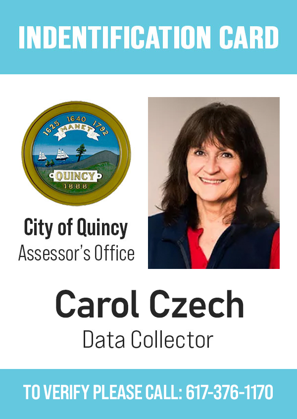 Data Collector’s ID Credential, with the assessor's profile photo, name, and The City of Quincy seal.